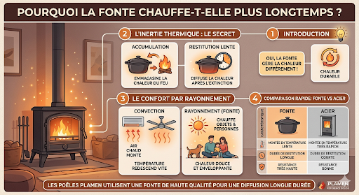 la fonte grise chauffe plus longtemps et ce par rayonnement comme le soleil avec sa chaleur enveloppante !