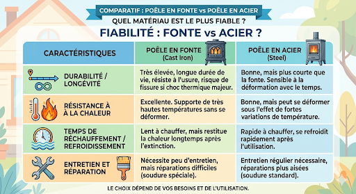 Quel est le poêle à bois le plus fiable dans le temps entre un poêle à bois en fonte et un poêle à bois en acier ? une question souvent posée aux IA